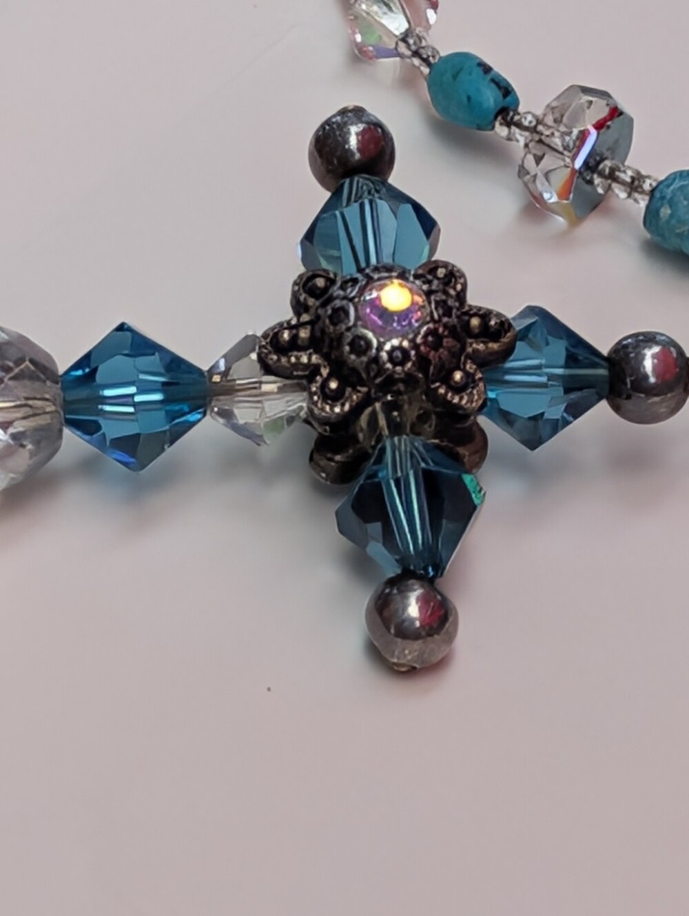 Vintage Rosary Necklace Turquoise & Crystal Handmade 925 - Picture 5 of 13
